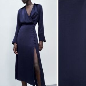 Never worn NWOT Zara navy silk dress with slit